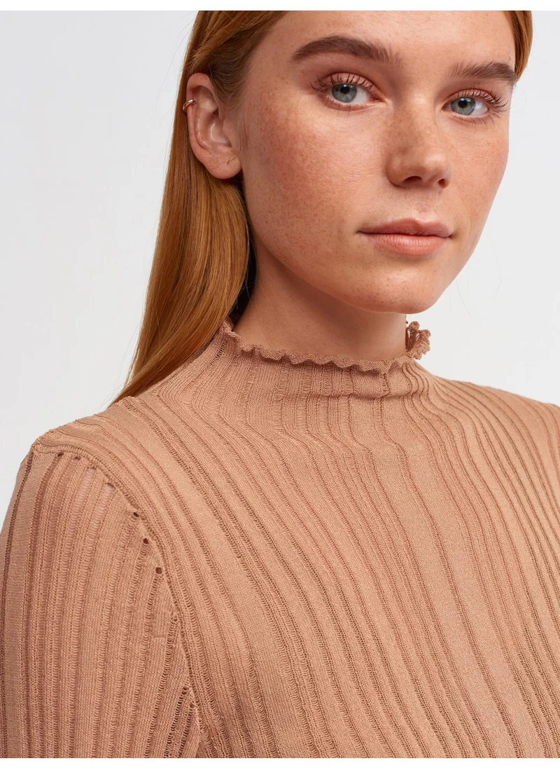 Dilvin 10497 High Collar Ribbed Transparent Sweater Camel