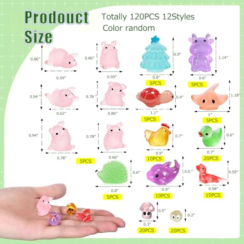 OrgMemory 120 PCS Luminous Mini Resin Animal Figurines, 12 Styles, for Miniature Fairy Garden Accessories Micro Landscape Aquarium Garden, Glow in The Dark Tiny Animals - Image 2