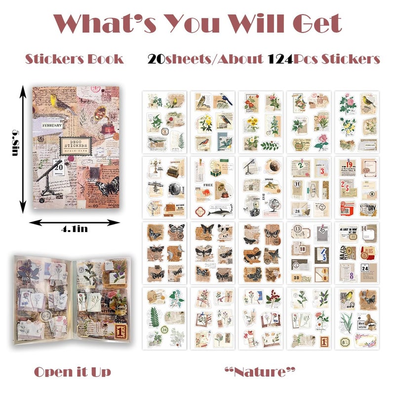 SIBLYMONA Junk Journal Stickers for Scrapbooking, 120Pcs Retro Flower Butterfly Nature Poem Stamp Letter Decorative Stickers for Scrapbook, DIY Crafts Album Phone Cases Laptops Calendars Notebook (Nature) - Image 2