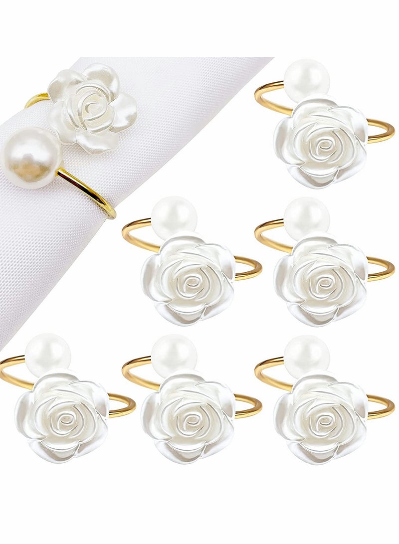 Napkin Rings, White Rose Pearl Dining Table Ring Holder, Vintage Paper Towel Rings for Valentine's Day Wedding Banquet Home Decorations (6 Pcs)  - Image 1