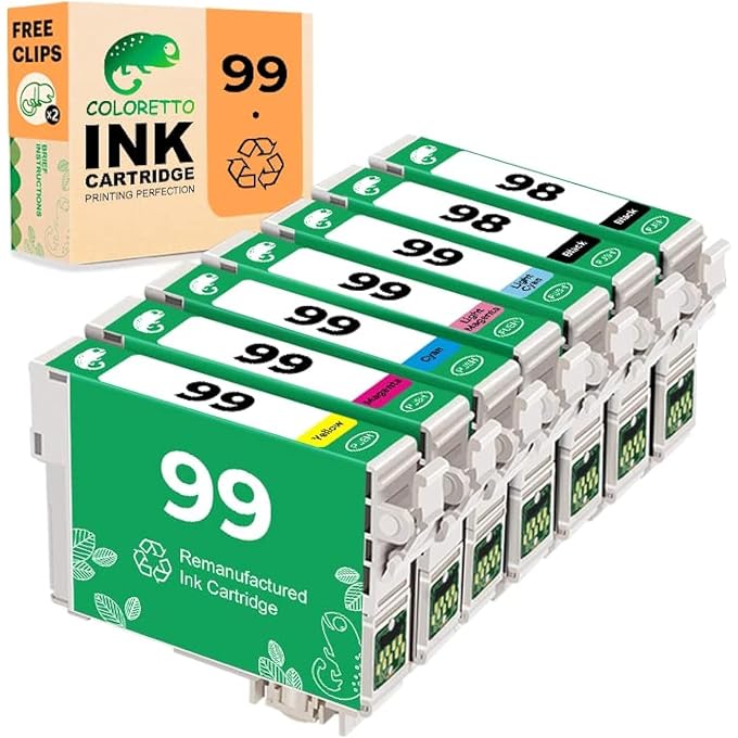 Coloretto Remanufactured Printer Ink Cartridge Replacement for 99 T099 to use with Artisan 700,710,730,800,810,835,837 (2Black,1 Cyan,1 Magenta,1 Yellow,1 Light Cyan,1 Light Magenta)combo pack