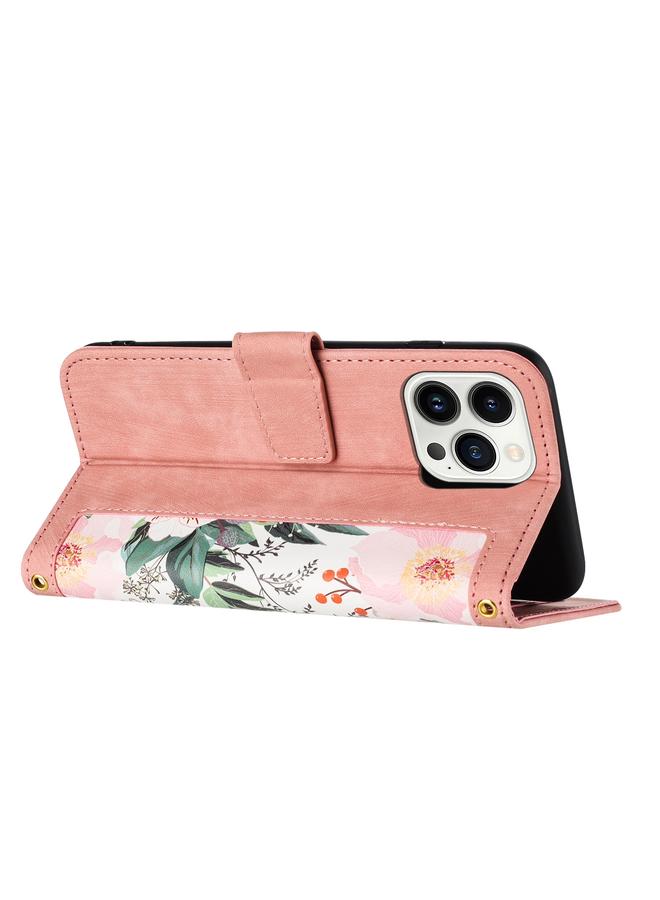 زبون جراب هاتف جلدي بنمط زهور لهاتف iPhone 13 Pro Max مع حبل - Image 4