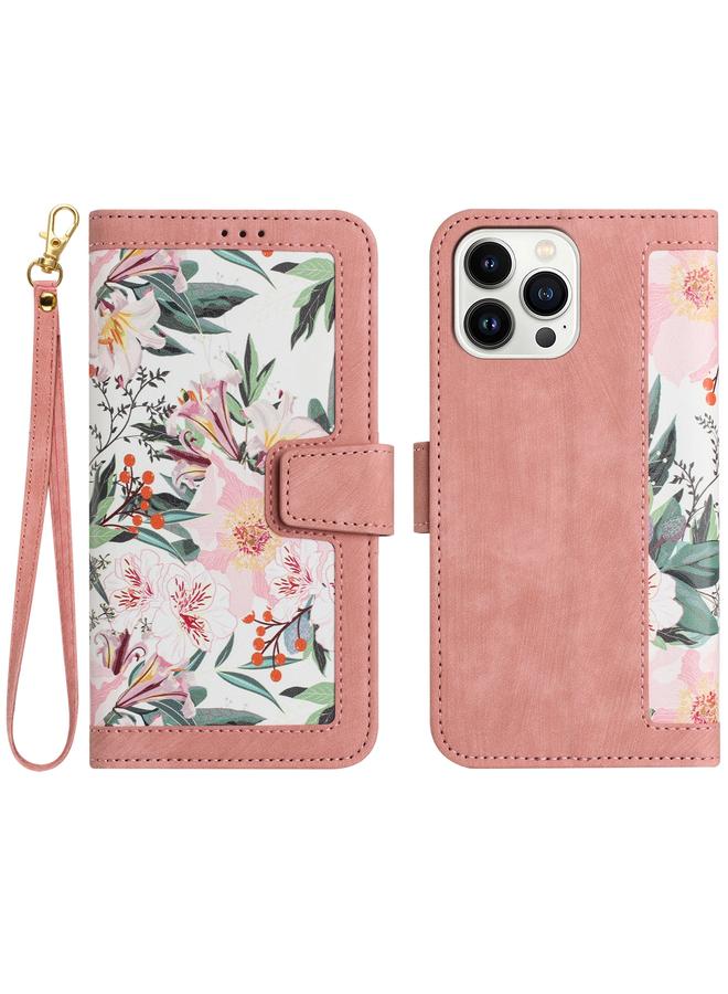 زبون جراب هاتف جلدي بنمط زهور لهاتف iPhone 13 Pro Max مع حبل - Image 1
