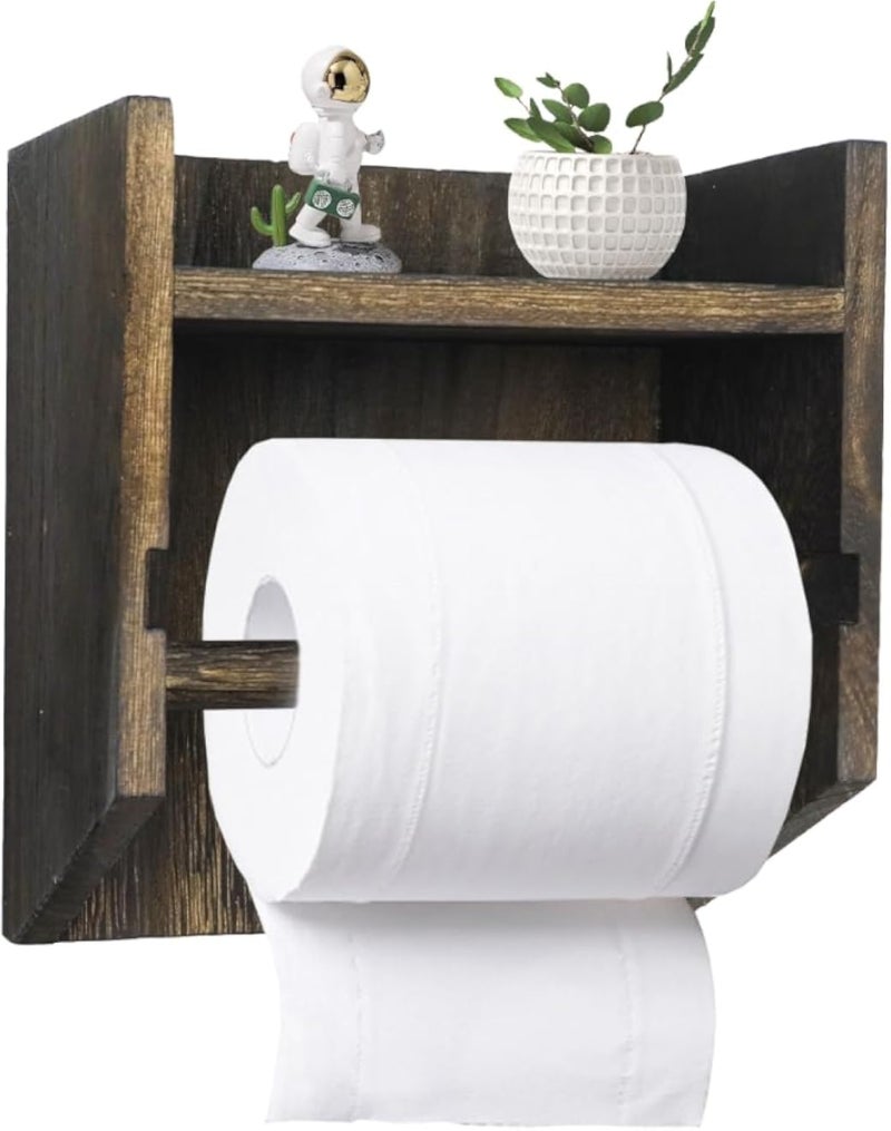 Toilet Paper Holder Without Drilling, Wooden Toilet Paper Holder with Tray Shelf, Adhesive Bathroom Roll Holder, Toilet Roll Holder for Bathroom, Toilet