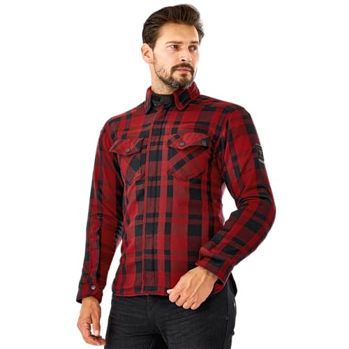 SHIMA قميص موتوسيكل شيماء رينغيد للرجال 2 - سترة فانيلا مزودة بدروع بنمط مربعات مع طبقة فايبر كيو إل - أراميد وطبقة تبريد، حماية CE للظهر والكتف والمرفقين، إغلاق بسحاب وزر (أحمر، XL) - Image 3