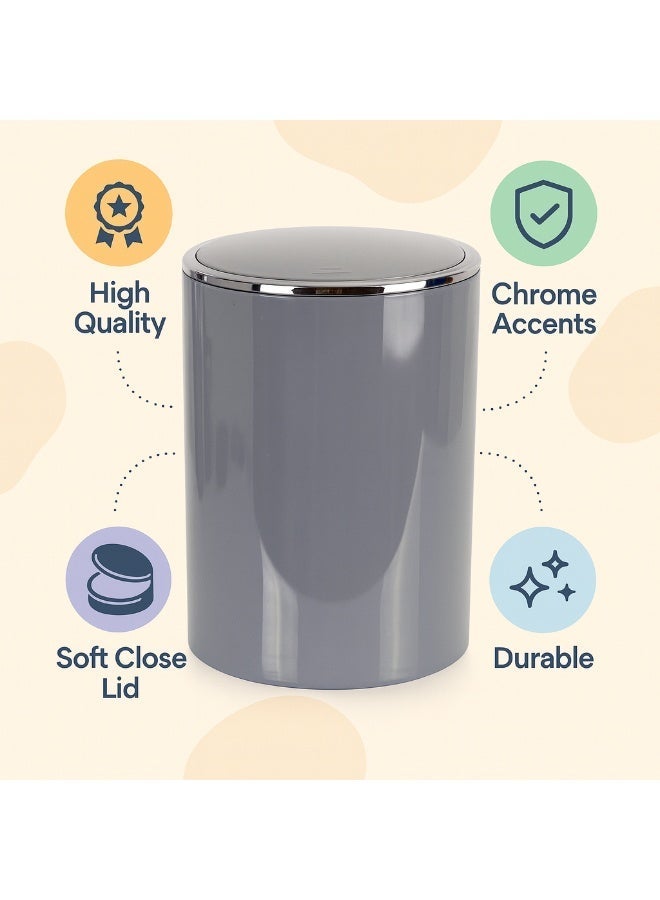 بريمانوفا سلة مهملات أكريليك سعة 6 لتر بغطاء متأرجح مع هيكل معدني فضي – سلة قمامة داخلية مدمجة للحمام وغرفة النوم والمكتب والمطبخ (رمادي) - Image 4