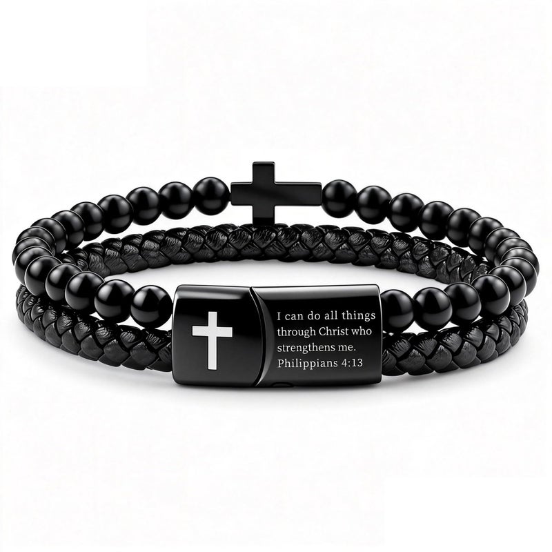 Hengbofeng Mens Bracelet, Black Braided Leather With Black Stainless Steel Cross Jewelry With Black Onyx Beads Bracelets,Charm Bracelet,Friends,Brother,Sons - Image 1