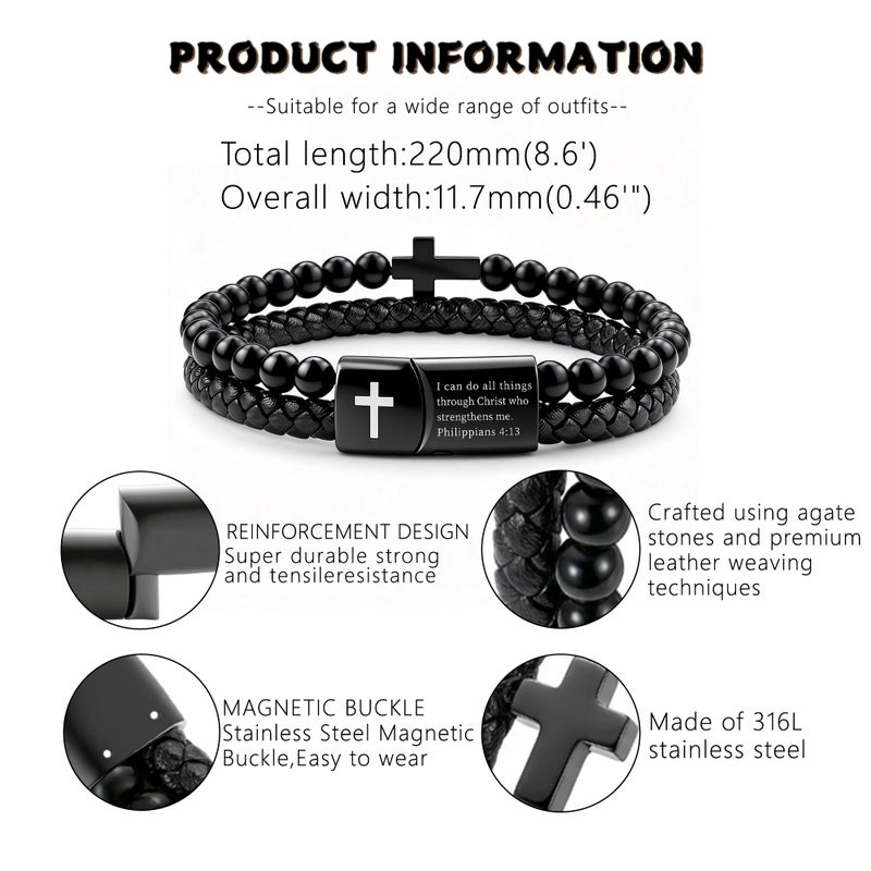 Hengbofeng Mens Bracelet, Black Braided Leather With Black Stainless Steel Cross Jewelry With Black Onyx Beads Bracelets,Charm Bracelet,Friends,Brother,Sons - Image 2