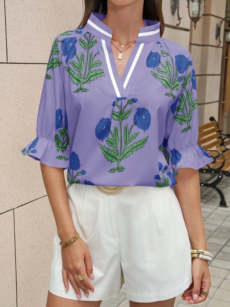 Cicy Bell Womens Boho Floral Blouses Puff Ruffle Sleeve V Neck Summer Shirts Dressy Casual Flowy Blouse Tops Purple - Image 3