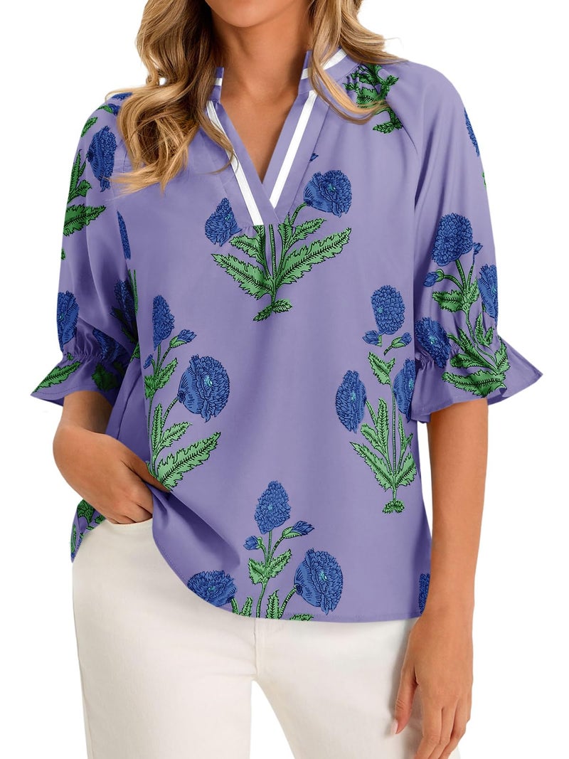 Cicy Bell Womens Boho Floral Blouses Puff Ruffle Sleeve V Neck Summer Shirts Dressy Casual Flowy Blouse Tops Purple - Image 1