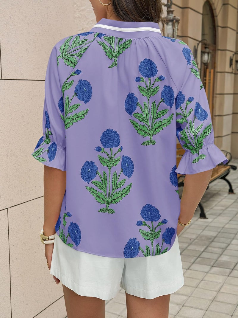Cicy Bell Womens Boho Floral Blouses Puff Ruffle Sleeve V Neck Summer Shirts Dressy Casual Flowy Blouse Tops Purple - Image 4