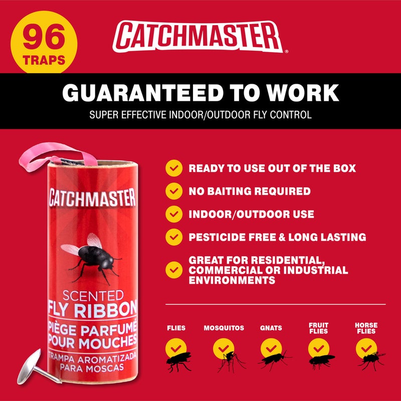 Catchmaster Fly Ribbon 96-Pack, Bug & Fruit Fly Traps Outdoor and Indoor, Premium Adhesive Sticky Fly Strips & Gnat Hanging Strips, Bulk Flying Insect Paper Rolls, Pesticide-Free Home Pest Control - Image 3