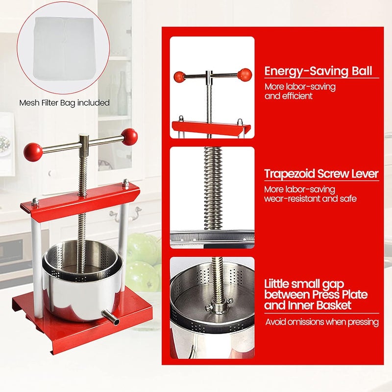 SQUEEZE master Cheese Tincture Herb Fruit Wine Manual Press -0.53Gallon/ 2 Litre-Power Ball Handle-Stainless Steel & Iron for Juice, Cider,Wine,Olive Oil - Image 5