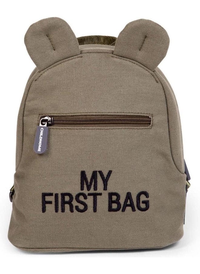 CHILDHOME Baby Backpack, School, Kindergarten, Nursery, Two Compartments, Lunchbag/Bottle Capacity, Removable Safety Buckle, Waterproof, My First Bag, Canvas Kaki  - Image 1