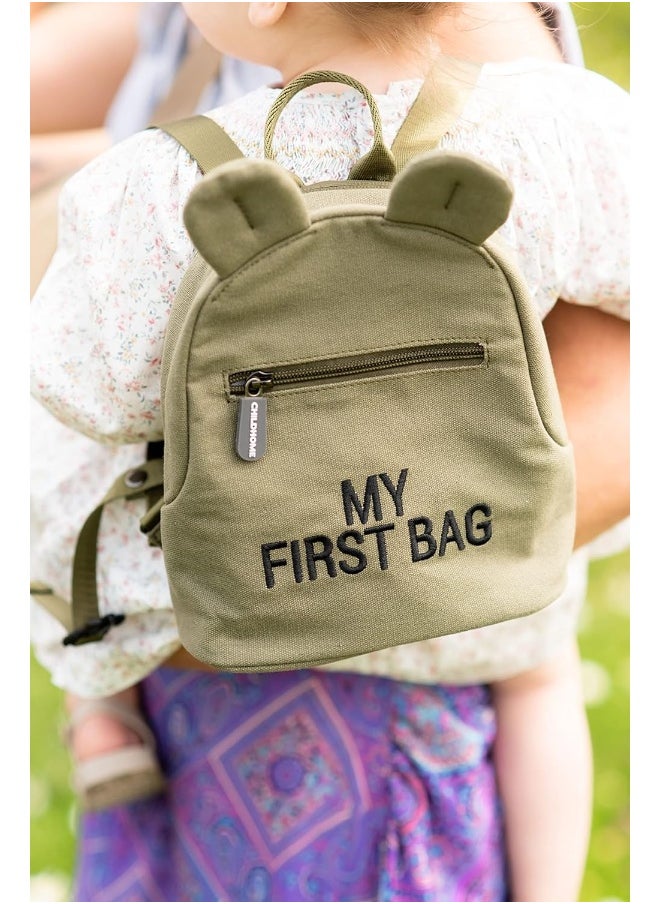 CHILDHOME Baby Backpack, School, Kindergarten, Nursery, Two Compartments, Lunchbag/Bottle Capacity, Removable Safety Buckle, Waterproof, My First Bag, Canvas Kaki  - Image 2