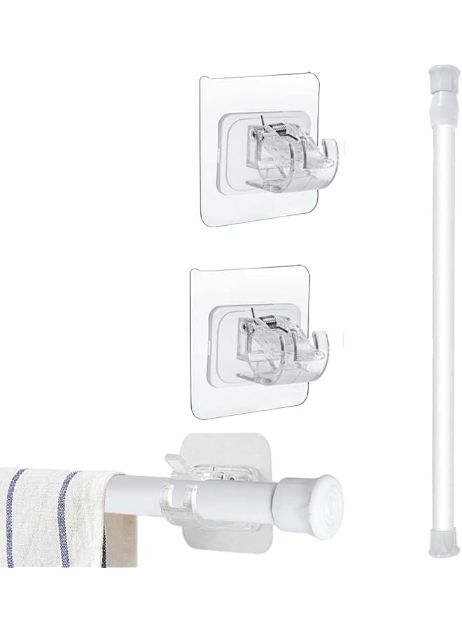 erorex 2 Pcs Self Adhesive Curtain Rod Bracket and 1 Pcs Extendable Curtain Rod, No Drill Drapery Hooks Holder, Plastic Easy Sticky Hooks and Adjustable Curtain Rod for Home Bathroom Hotel - Image 1