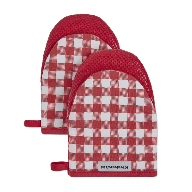 KitchenAid Gingham Cotton Mini Oven Mitt 2-Pack Set, Passion Red, 5.5"x8" - Image 1