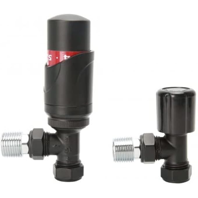 ANGLE BLACK THERMOSTATIC RADIATOR VALVE VERTICAL OR HORIZONTAL MOUNTING WITH MATCHING LOCKSHIELD VALVE 15X1/2'' - Image 1