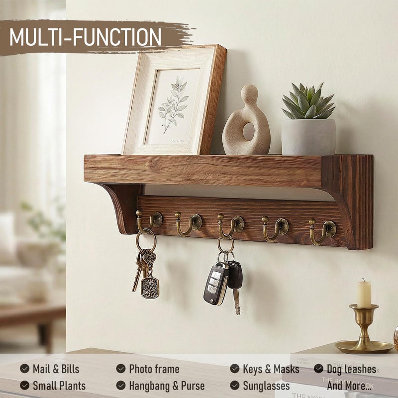Rebee Vision Pine Wood Key Holder Wall Mount - Multifunctional Key Holder for Wall with Hooks and Shelf for Mail, and Hats - Perfect for Home and Office Organization (Vintage Brown) - Image 4