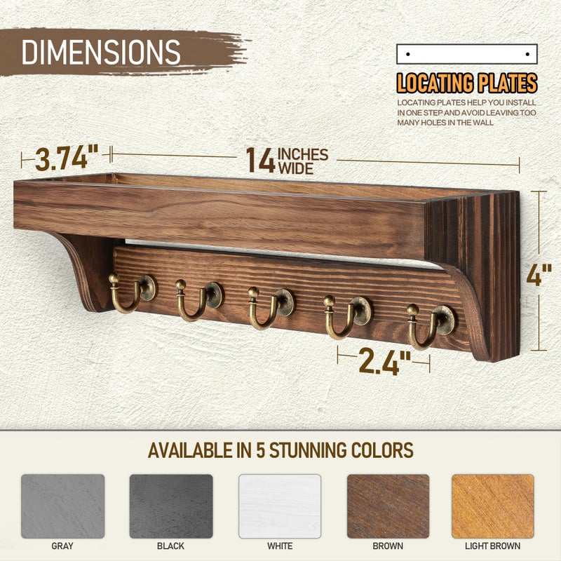 Rebee Vision Pine Wood Key Holder Wall Mount - Multifunctional Key Holder for Wall with Hooks and Shelf for Mail, and Hats - Perfect for Home and Office Organization (Vintage Brown) - Image 2