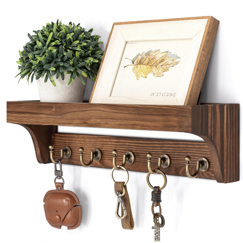 Rebee Vision Pine Wood Key Holder Wall Mount - Multifunctional Key Holder for Wall with Hooks and Shelf for Mail, and Hats - Perfect for Home and Office Organization (Vintage Brown) - Image 1