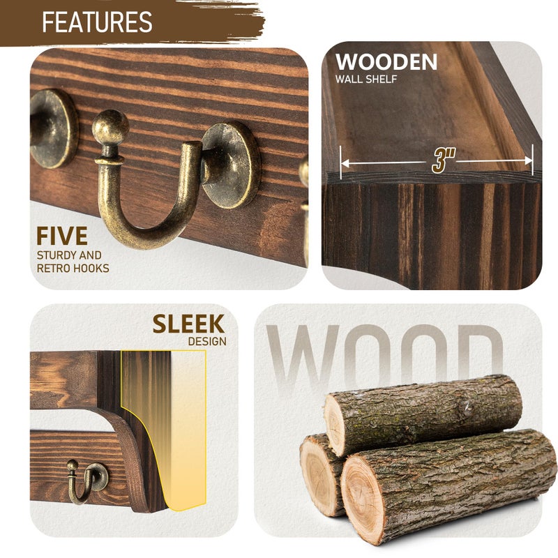 Rebee Vision Pine Wood Key Holder Wall Mount - Multifunctional Key Holder for Wall with Hooks and Shelf for Mail, and Hats - Perfect for Home and Office Organization (Vintage Brown) - Image 5