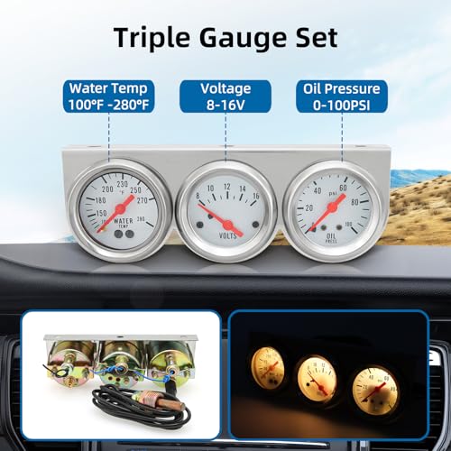 MAIMEIMI 2 inch 52mm Triple Gauge kit with Dashboard, 3 in 1 Car Meter Auto Gauge Set Volt Meter Water Temperature Gauge Oil Pressure Gauge with LED Light for Cars Tractor Trucks (White) - Image 2