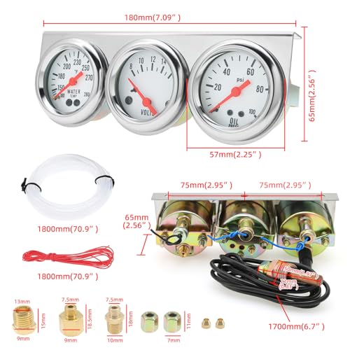 MAIMEIMI 2 inch 52mm Triple Gauge kit with Dashboard, 3 in 1 Car Meter Auto Gauge Set Volt Meter Water Temperature Gauge Oil Pressure Gauge with LED Light for Cars Tractor Trucks (White) - Image 4
