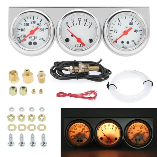 MAIMEIMI 2 inch 52mm Triple Gauge kit with Dashboard, 3 in 1 Car Meter Auto Gauge Set Volt Meter Water Temperature Gauge Oil Pressure Gauge with LED Light for Cars Tractor Trucks (White) - Image 1