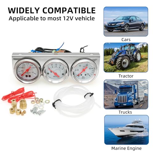 MAIMEIMI 2 inch 52mm Triple Gauge kit with Dashboard, 3 in 1 Car Meter Auto Gauge Set Volt Meter Water Temperature Gauge Oil Pressure Gauge with LED Light for Cars Tractor Trucks (White) - Image 5