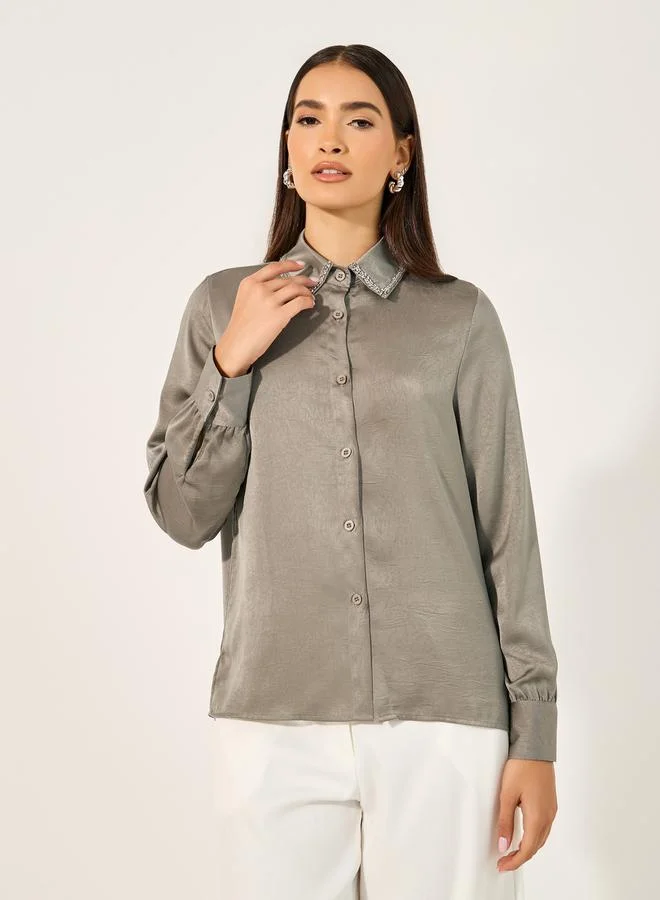 Styli Embellished Spread Collar Shirt