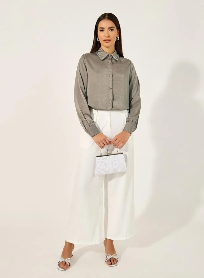 Styli Embellished Spread Collar Shirt
