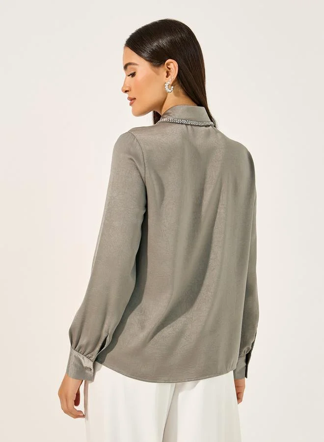 Styli Embellished Spread Collar Shirt