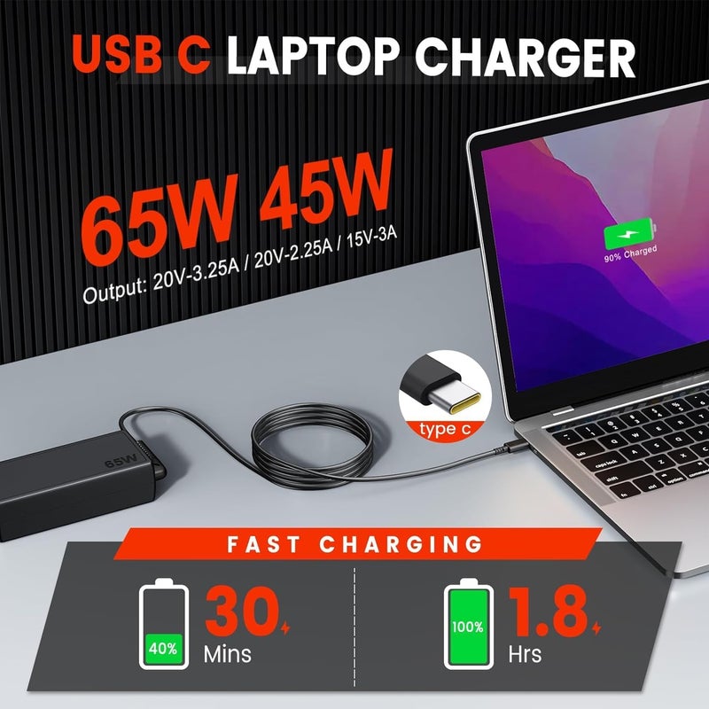 فينسوك 65 واط 45 واط شاحن كمبيوتر محمول USB-C متوافق مع Lenovo ThinkPad T480 T570 E490 E580 T14 T15 P14S Chromebook 300e 500e Yoga C930 HP Elitebook 1030 1040 Zbook 14u 15u Dell ASUS Acer محول طاقة من النوع C - Image 2