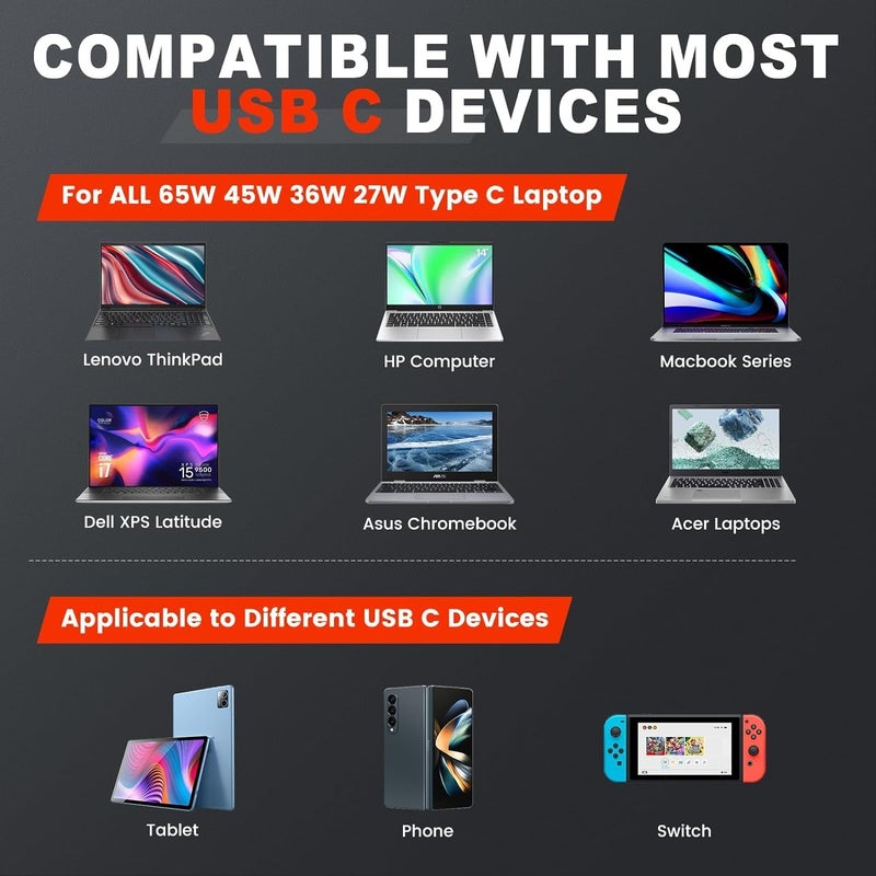 فينسوك 65 واط 45 واط شاحن كمبيوتر محمول USB-C متوافق مع Lenovo ThinkPad T480 T570 E490 E580 T14 T15 P14S Chromebook 300e 500e Yoga C930 HP Elitebook 1030 1040 Zbook 14u 15u Dell ASUS Acer محول طاقة من النوع C - Image 4