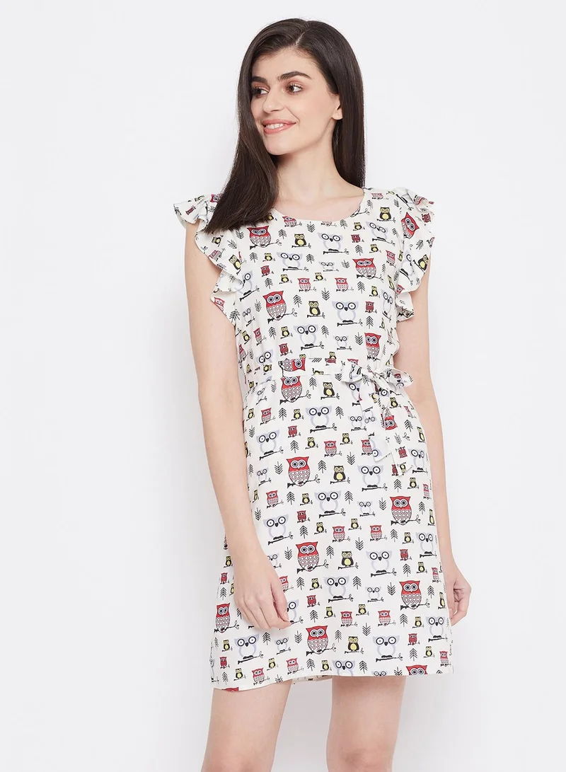 كلوفيا Clovia Owl Print Short Nightdress In White - Cotton Rich