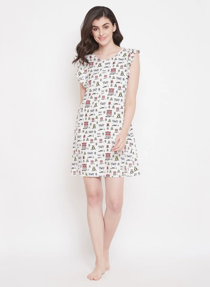 كلوفيا Clovia Owl Print Short Nightdress In White - Cotton Rich