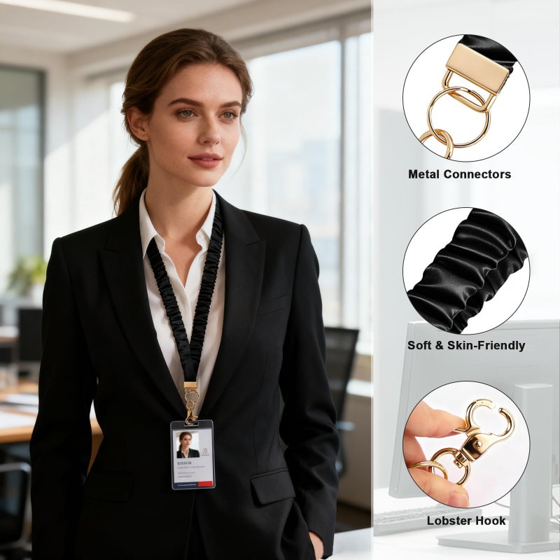 Ajmyonsp Scrunchie Lanyard for ID Badges Teacher, Stretchy Neck Key Lanyards for Women Men Nurse, Breakaway Cute Retractable Keychains Holder Clip for Cruise Ship Cards, Black - Image 5