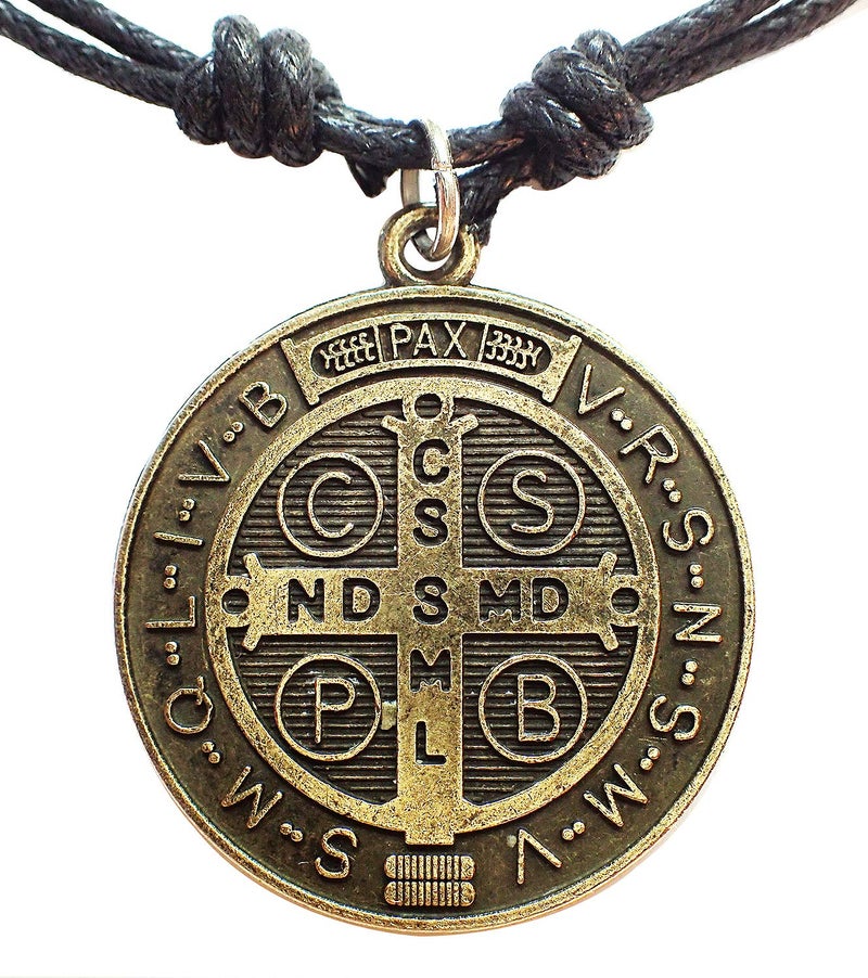 Bijoux De Ja ميدالية سانت بنديكت من نرسيا من البرونز العتيق مع قلادة حبل مشمع قابلة للتعديل 16-30 بوصة، سحر كاثوليكي ديني - Image 3