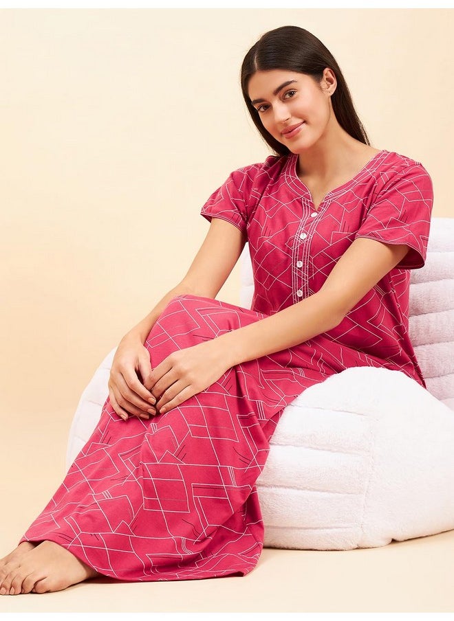 Sweet Dreams - Sweet Dreams Women Printed Half Sleeves Night Dress Maroon - Image 1