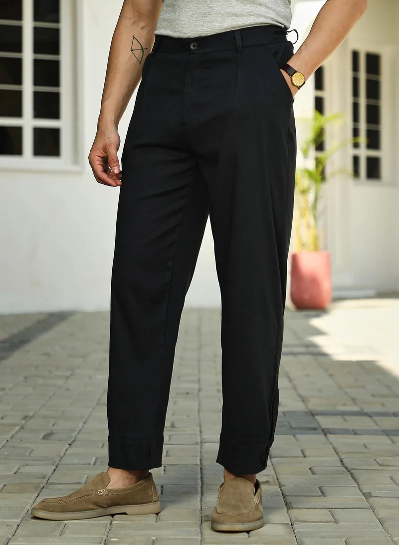 Campus Sutra  Men's Midnight Black Linen-Blend Tapered Trousers for Men | Best Price UAE