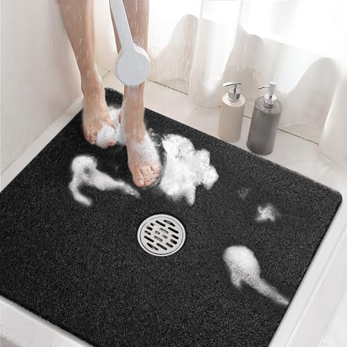 HITSLAM Square Shower Mat 24 x 24 Inch Non Slip Bath Mat for Tub Soft PVC Loofah Bathtub Mats with Drain Holes Quick Drying Bathroom Stall Floor Mat Bathroom Accessories Without Suction Cup Black - Image 1