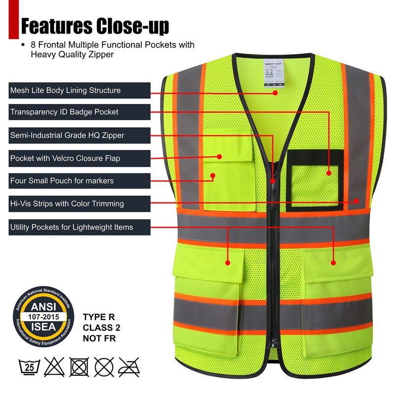 HATAUNKI Reflective Safety Vest for Men Women Hi Vis Vest with 8 Pockets High Visibility Mesh Reflective Vest Meets ANSI/ISEA Standards (Yellow-07, Large) - Image 2
