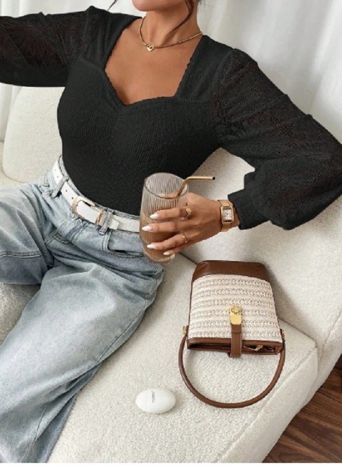 Shein SHEIN Frenchy Women Casual Solid Color Heart-Neck Long Sleeve Top, Autumn - Image 3