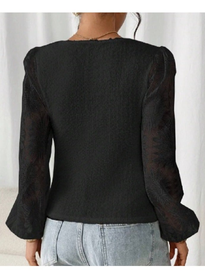 Shein SHEIN Frenchy Women Casual Solid Color Heart-Neck Long Sleeve Top, Autumn - Image 2