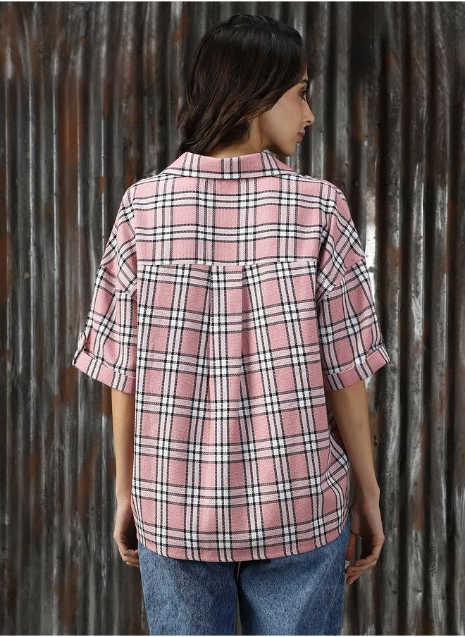 HIGH STAR - Women Shirts in Pink featuring Oversized fit with a check pattern, spread collar collar, collar neckline, full sleeve, secured with button closure, crafted from 55%cotton 45%polyester – perfect for elevating your everyday style. - Image 1