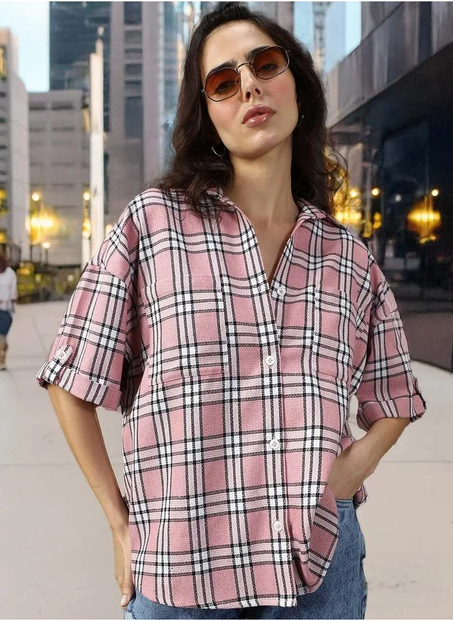 هاي ستار Women Shirts in Pink featuring Oversized fit with a check pattern, spread collar collar, collar neckline, full sleeve, secured with button closure, crafted from 55%cotton 45%polyester – perfect for elevating your everyday style.