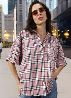 Women Shirts in Pink featuring Oversized fit with a check pattern, spread collar collar, collar neckline, full sleeve, secured with button closure, crafted from 55%cotton 45%polyester – perfect for elevating your everyday style.