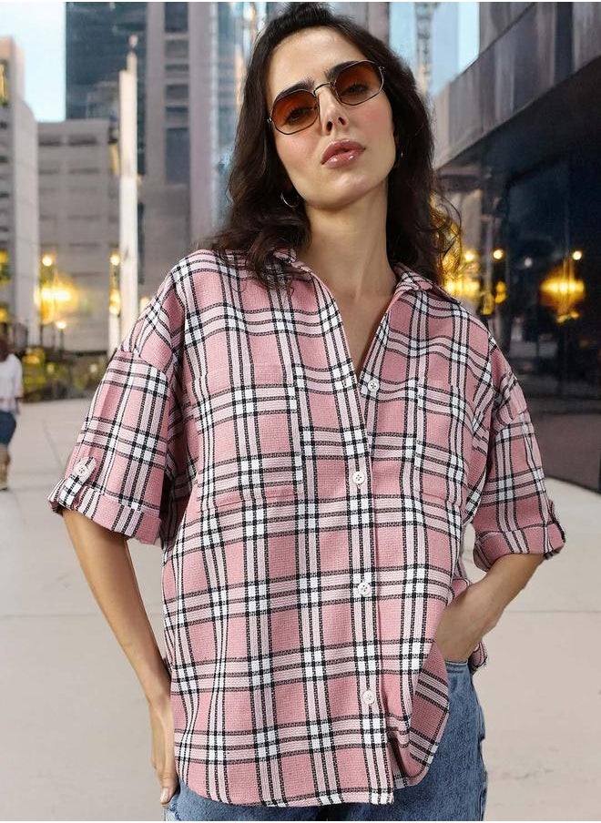 HIGH STAR - Women Shirts in Pink featuring Oversized fit with a check pattern, spread collar collar, collar neckline, full sleeve, secured with button closure, crafted from 55%cotton 45%polyester – perfect for elevating your everyday style. - Image 1