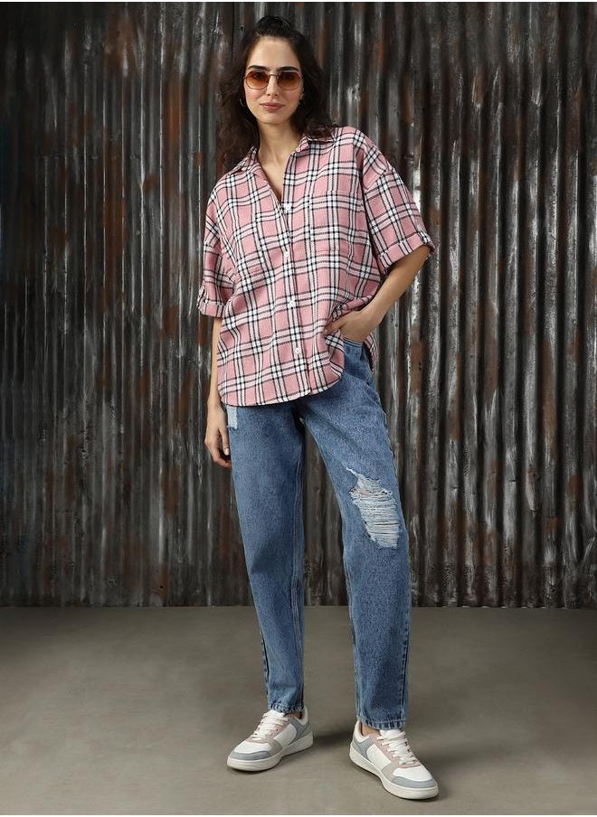 HIGH STAR - Women Shirts in Pink featuring Oversized fit with a check pattern, spread collar collar, collar neckline, full sleeve, secured with button closure, crafted from 55%cotton 45%polyester – perfect for elevating your everyday style. - Image 1